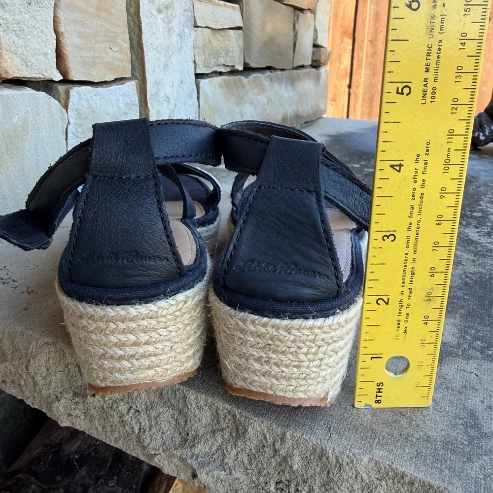 Eddie Bauer Black & White Espadrille Wedge Sandals w/leather‎ straps Sz-7. X